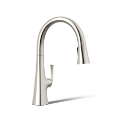 Kohler Graze Pull-Down Single Handle Kitchen Faucet With Three-Function Sprayhead With Accessories in Polished Nickel | product photo