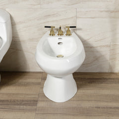 Deck Mount Bidet Faucet, Kaiser, Three-Handle with Brass Pop-Up in Brushed Brass