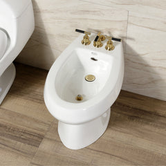 Deck Mount Bidet Faucet, Kaiser, Three-Handle with Brass Pop-Up in Brushed Brass