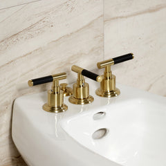 Deck Mount Bidet Faucet, Kaiser, Three-Handle with Brass Pop-Up in Brushed Brass