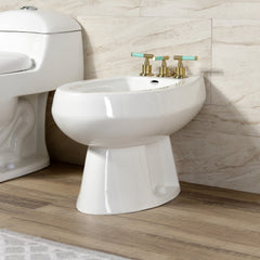 Deck Mount Bidet Faucet, Kaiser, Three-Handle with Brass Pop-Up in Brushed Brass
