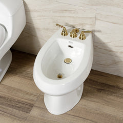 Deck Mount Bidet Faucet, Magellan, Three-Handle with Brass Pop-Up in Brushed Brass