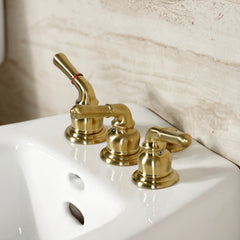 Deck Mount Bidet Faucet, Magellan, Three-Handle with Brass Pop-Up in Brushed Brass