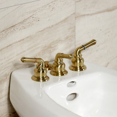 Deck Mount Bidet Faucet, Magellan, Three-Handle with Brass Pop-Up in Brushed Brass
