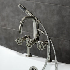 Deck-Mount Clawfoot Tub Faucet, Fuller, Three-Handle with Hand Shower in Brushed Nickel