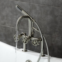 Deck-Mount Clawfoot Tub Faucet, Fuller, Three-Handle with Hand Shower in Brushed Nickel