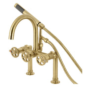 Deck-Mount Clawfoot Tub Faucet, Fuller, Three-Handle with Hand Shower in Brushed Brass