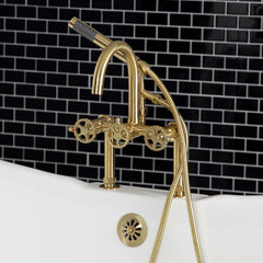 Deck-Mount Clawfoot Tub Faucet, Fuller, Three-Handle with Hand Shower in Brushed Brass