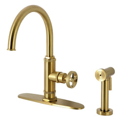 Deck Mount Kitchen Faucet, Ostro, Single Handle with Side Spray in Brushed Brass
