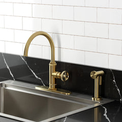 Deck Mount Kitchen Faucet, Ostro, Single Handle with Side Spray in Brushed Brass