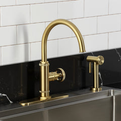 Deck Mount Kitchen Faucet, Ostro, Single Handle with Side Spray in Brushed Brass
