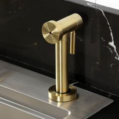 Deck Mount Kitchen Faucet, Ostro, Single Handle with Side Spray in Brushed Brass