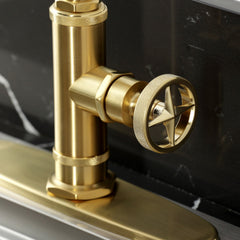 Deck Mount Kitchen Faucet, Ostro, Single Handle with Side Spray in Brushed Brass