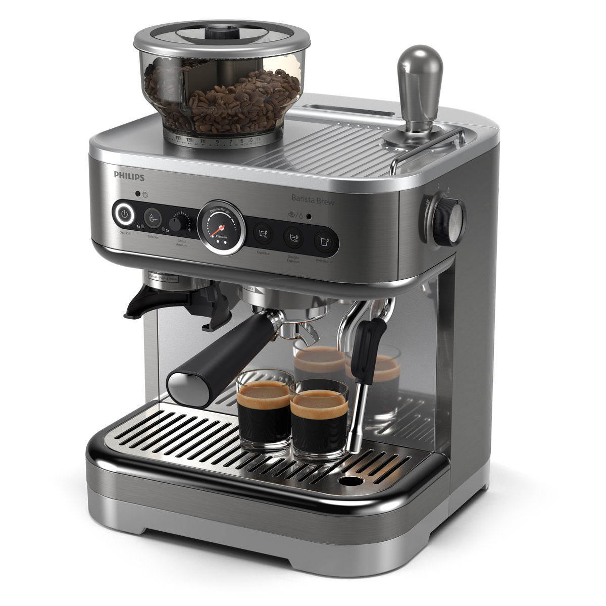 Hero | Philips Barista Brew semi-automatic espresso machine front view on kitchen counter with dual bean containers