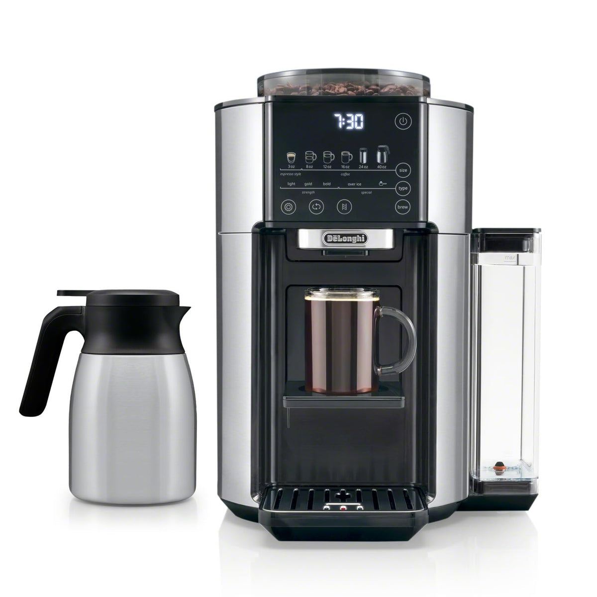 Front | De'Longhi TrueBrew automatic drip coffee maker with thermal carafe in stainless steel on a white backdrop
