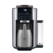 Front | De'Longhi TrueBrew automatic drip coffee maker with thermal carafe attached, straight-on view