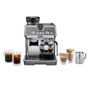 Front | La Specialista Arte Evo espresso machine with grinder, hot and cold brew glasses, and milk pitcher