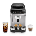 Front | black and silver Magnifica Evo espresso machine brewing two espresso shots with iced coffee and cappuccino alongside