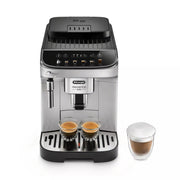 Front | Magnifica Evo espresso machine control panel and milk frother wand with two espresso shots and a cappuccino