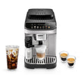 Front | Magnifica Evo espresso machine with LatteCrema carafe dispensing a cappuccino beside iced coffee and two espresso shots