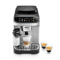 Front | Magnifica Evo espresso machine with LatteCrema carafe dispensing a latte macchiato beside two espresso shots