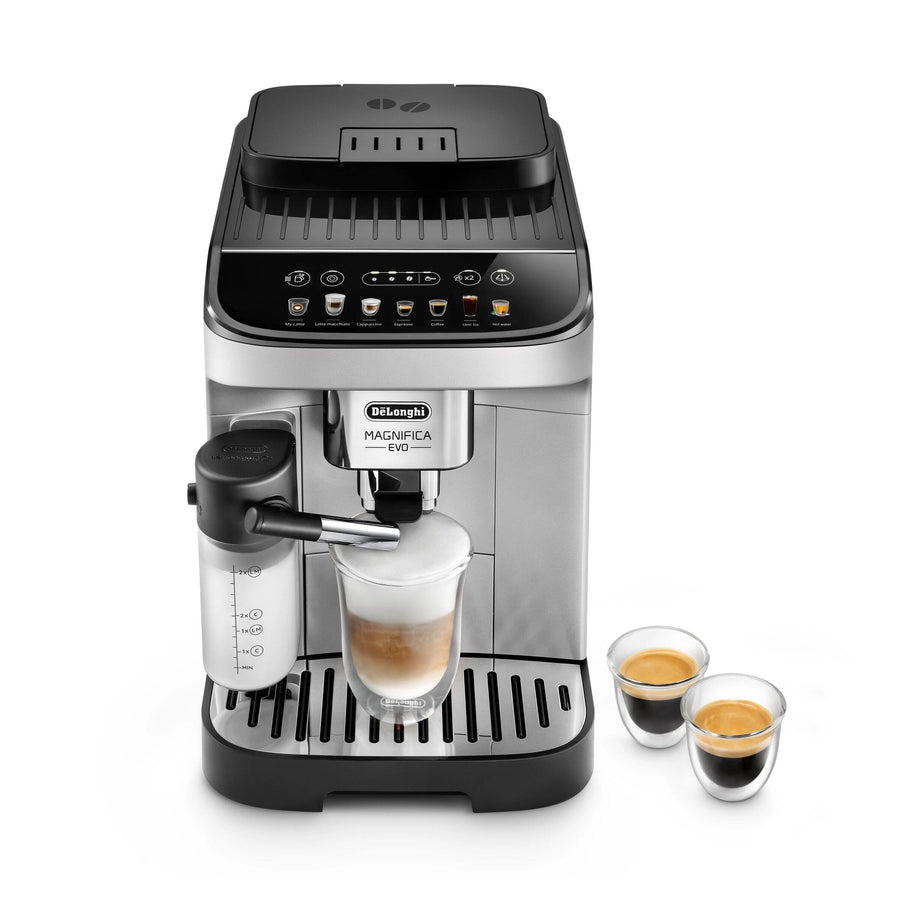 Front | Magnifica Evo espresso machine with LatteCrema carafe dispensing a latte macchiato beside two espresso shots