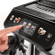 Control panel detail | Eletta Explore Connect touchscreen and bean hopper with De'Longhi nameplate