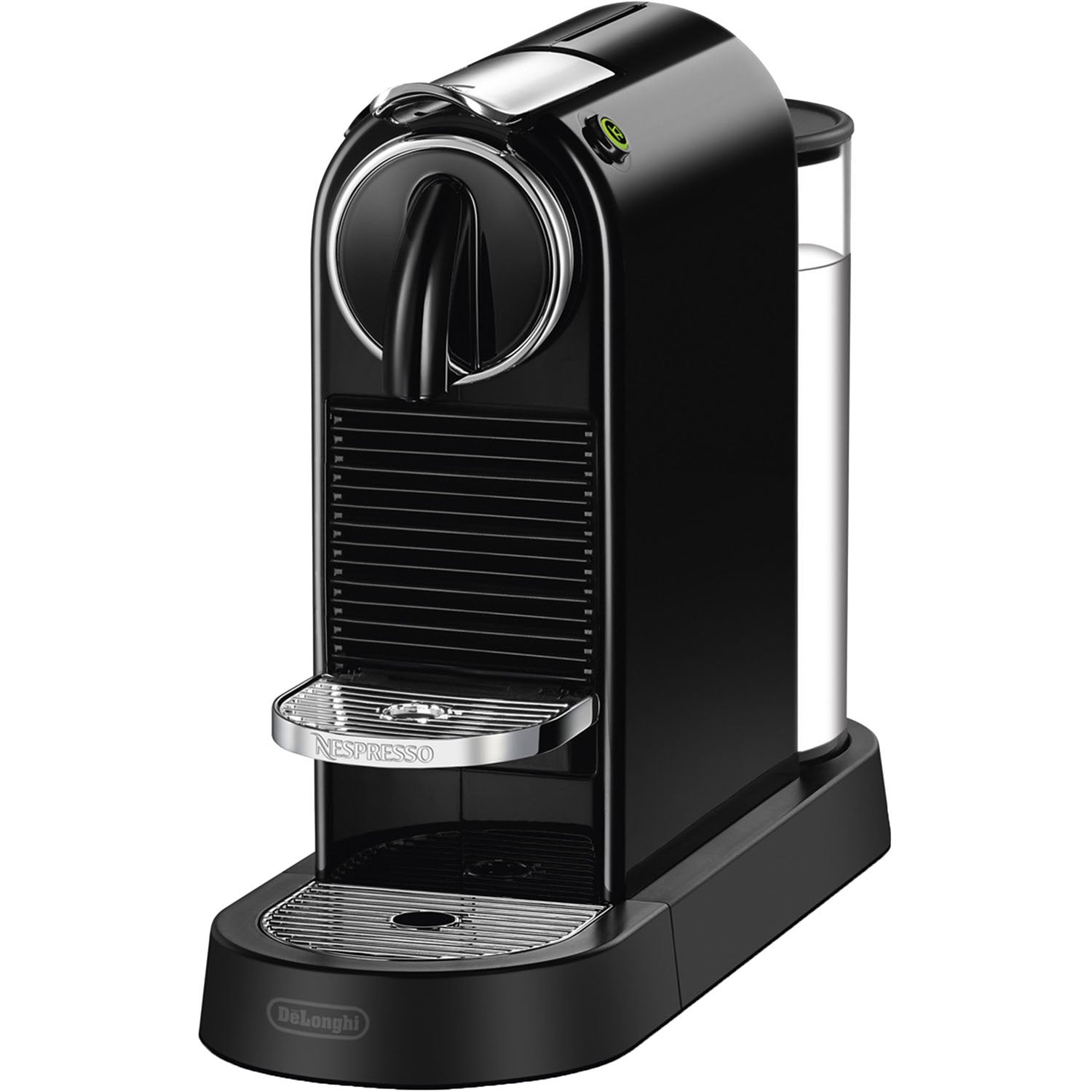 Front | Nespresso CitiZ espresso machine in black, front three-quarter view showing water tank and cup platform
