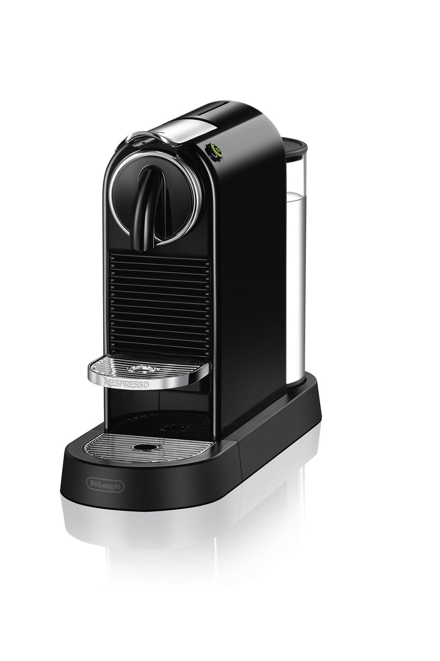 Angle | Nespresso CitiZ espresso machine in black, angled view showing water tank and capsule lever