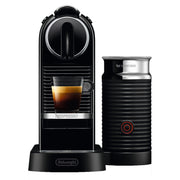 Front | Nespresso CitiZ espresso machine with Aeroccino frother in Limousine Black, front view on white backdrop
