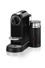 Angle | Nespresso CitiZ espresso machine and Aeroccino frother in black, three-quarter view on white backdrop