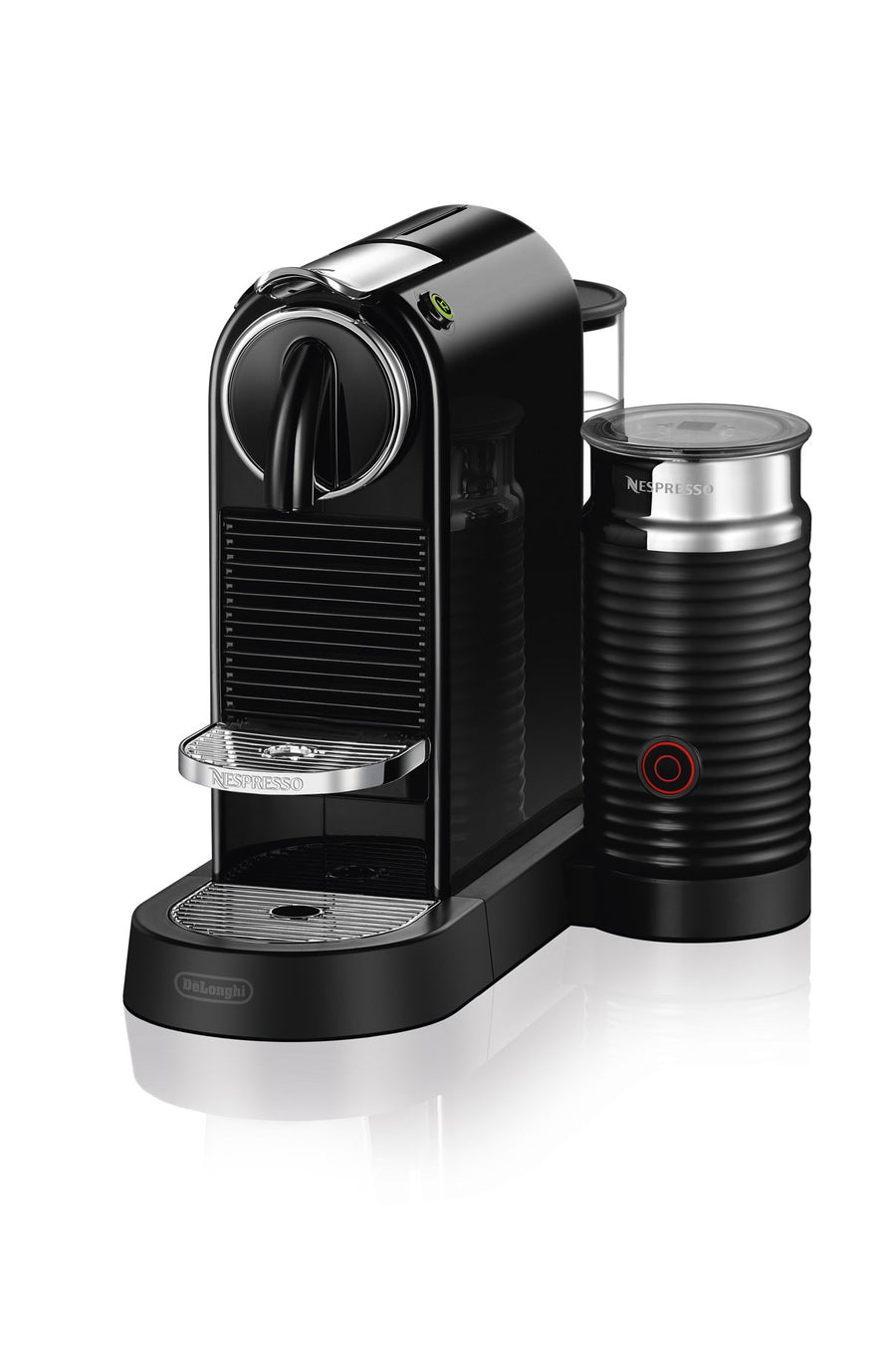 Angle | Nespresso CitiZ espresso machine and Aeroccino frother in black, three-quarter view on white backdrop