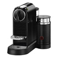 Front-right | Nespresso CitiZ espresso machine with the Aeroccino 3 frother beside it in black, lever and cup platform in view