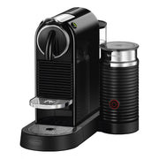 Front-right | Nespresso CitiZ espresso machine with the Aeroccino 3 frother beside it in black, lever and cup platform in view