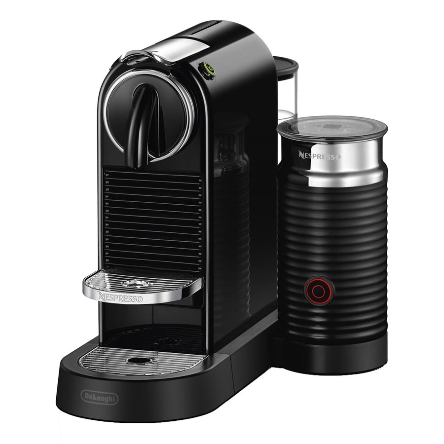 Front-right | Nespresso CitiZ espresso machine with the Aeroccino 3 frother beside it in black, lever and cup platform in view