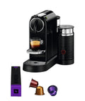 Studio | Nespresso CitiZ with Aeroccino 3 frother in black brewing an espresso, with a capsule sleeve and three capsules on white