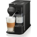 Front | Nespresso Lattissima One espresso machine in Black, angled view pouring a latte macchiato with milk froth into a glass