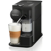 Front | Nespresso Lattissima One espresso machine in Black, angled view pouring a latte macchiato with milk froth into a glass
