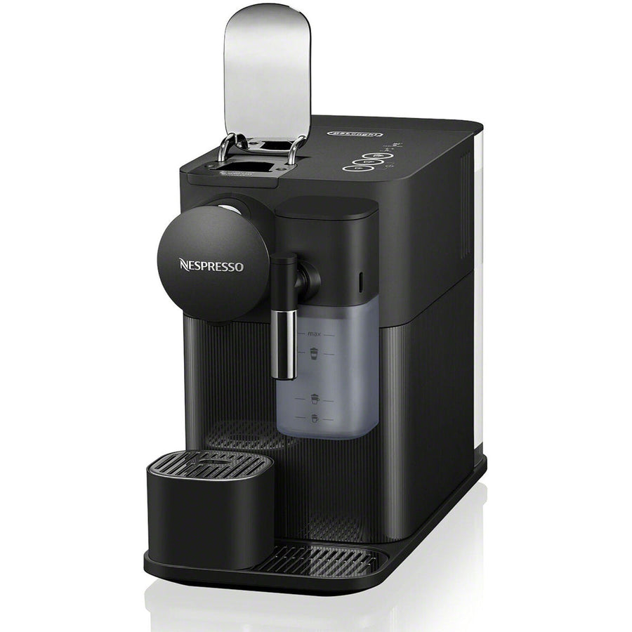 Angle | Nespresso Lattissima One in Black, angled view with the top lid open showing the capsule chamber and control buttons
