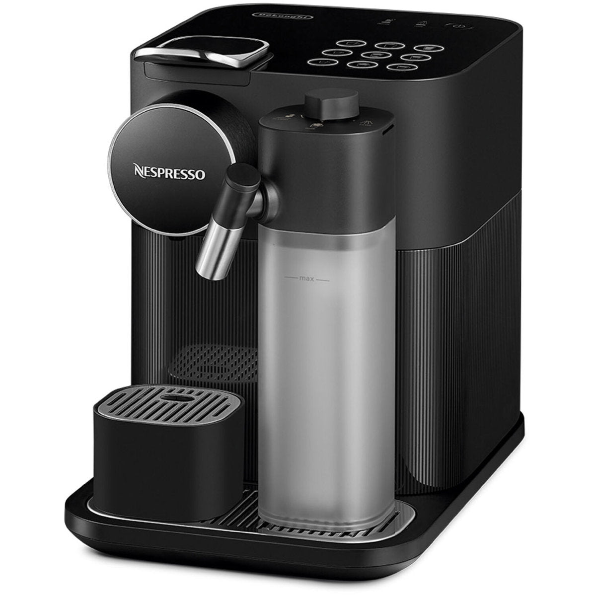 Angle | black single-serve espresso and coffee machine at a three-quarter angle with the milk-frothing jug attached and the drip tray raised