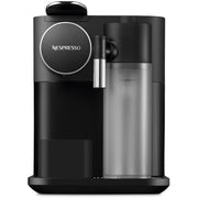 Angle | black machine with the capsule lever open showing the milk-frothing jug
