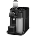 Detail | black espresso machine with the capsule lid lifted open above the control buttons, milk jug in place