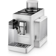 Front | De'Longhi Rivelia fully automatic espresso machine in white on a clean studio backdrop