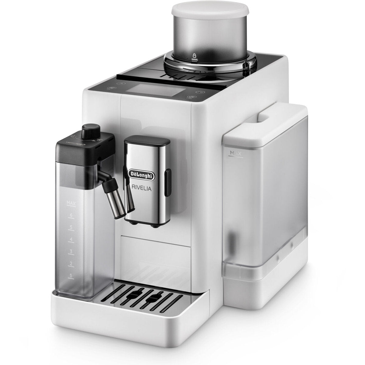 Front | De'Longhi Rivelia fully automatic espresso machine in white on a clean studio backdrop