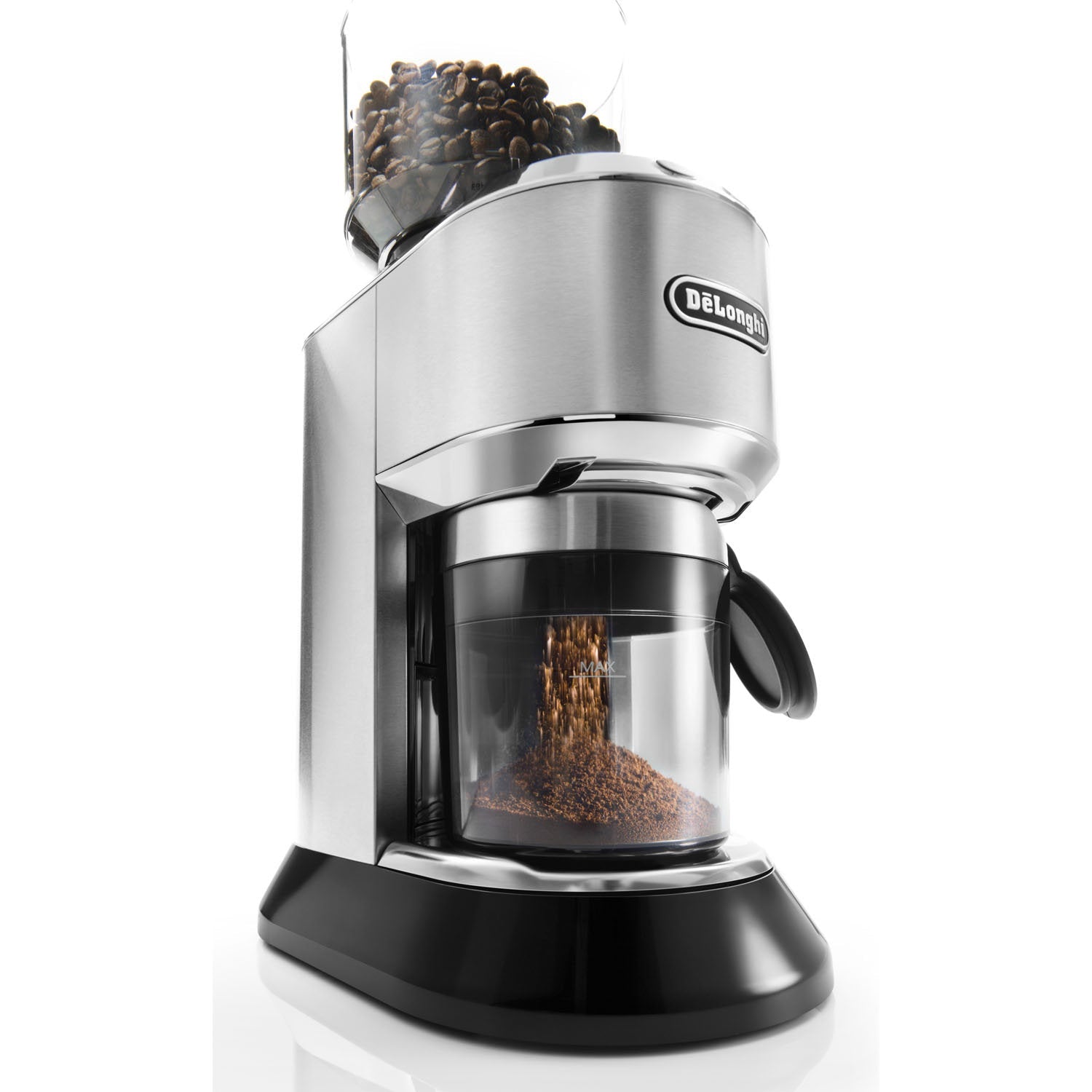 Angle | silver Dedica conical burr grinder with beans in the hopper grinding into the clear grounds container