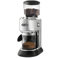 Angle | silver grinder showing the bean hopper, control dial, and dosing outlet