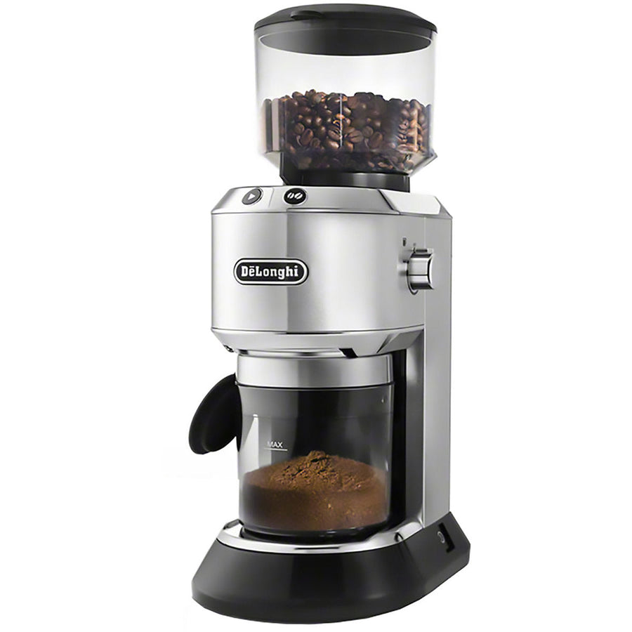 Angle | silver grinder showing the bean hopper, control dial, and dosing outlet