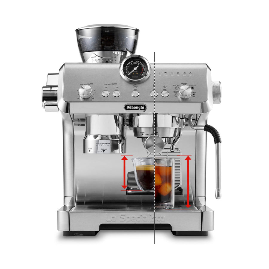 Angle | stainless espresso machine showing the grinder hopper and front controls
