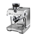 Angle | stainless machine with portafilter, bean hopper, and hot-water outlet in view
