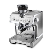 Angle | stainless machine with portafilter, bean hopper, and hot-water outlet in view